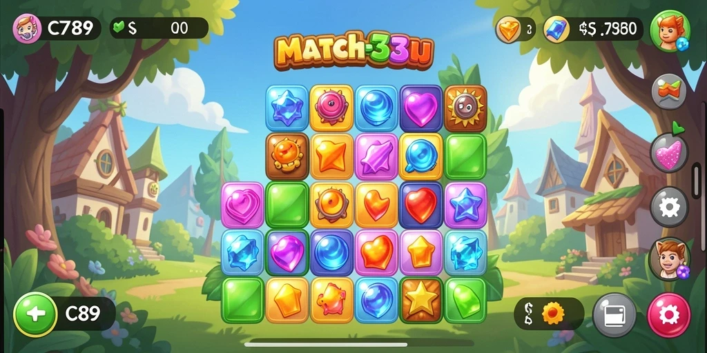 Gameplay seru C789 dengan pencocokan permata warna-warni.