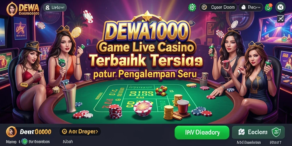 Screenshot gameplay DEWA1000 menampilkan dealer profesional dan suasana kasino langsung yang nyata.