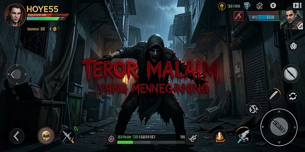 Screenshot HOYE55 menampilkan momen menegangkan di lingkungan angker.