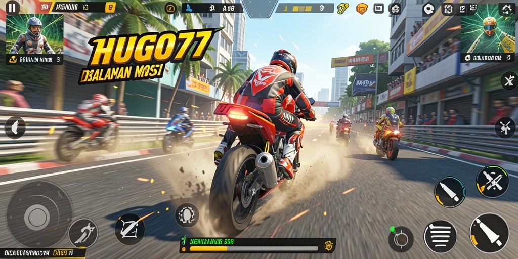 Screenshot HUGO77 menampilkan aksi balapan motor yang seru.