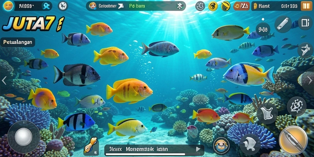 Screenshot JUTA7 menampilkan keramaian ikan dan aksi menembak yang seru.