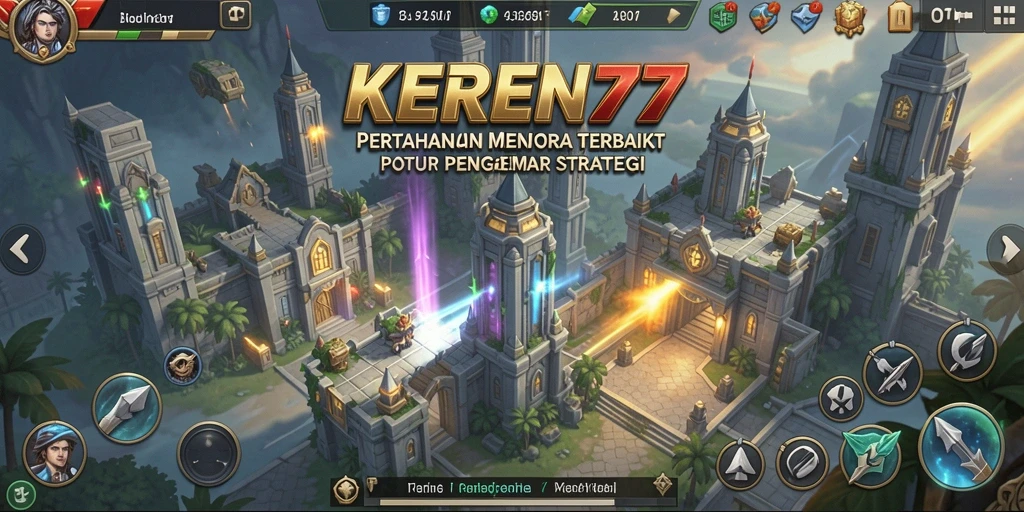 Tampilan antarmuka permainan Tower Defense KEREN77 yang penuh aksi.