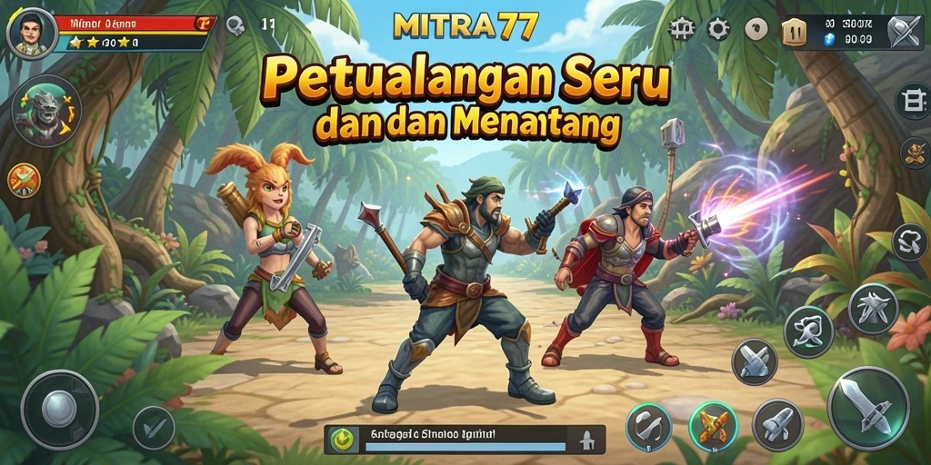 Tampilan gameplay <strong>MITRA77</strong> yang menawan dengan berbagai karakter dan dunia petualangan.