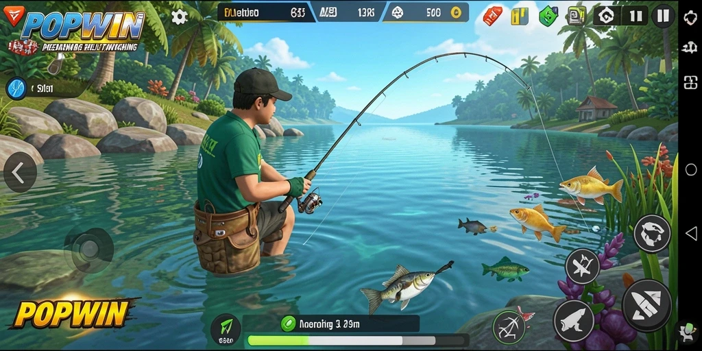 Screenshot menampilkan gameplay seru dari POPWIN dengan aksi memancing yang menegangkan.