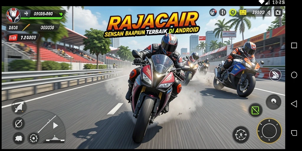 Tangkapan layar gameplay RAJACAIR yang menampilkan aksi balap motor yang mendebarkan.