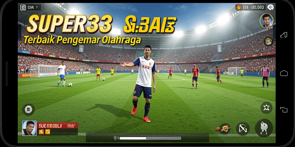 Screenshot gameplay SUPER33 yang menunjukkan aksi sepak bola seru.