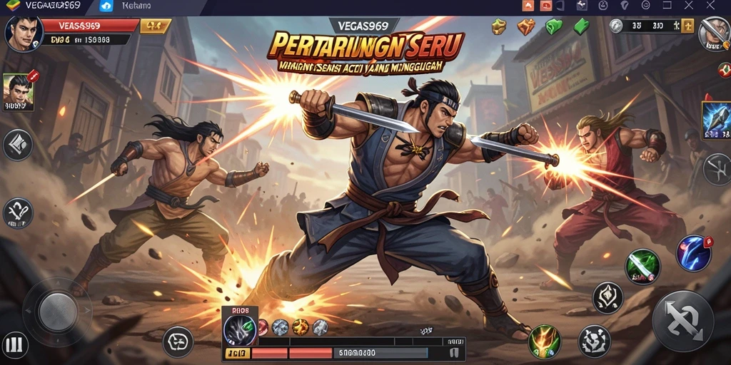 Screenshot gameplay VEGAS969 menunjukkan aksi pertempuran yang intens dan mendebarkan.