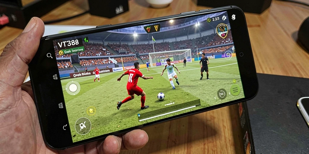 Tangkapan layar utama VT38 menampilkan aksi seru permainan sepak bola.