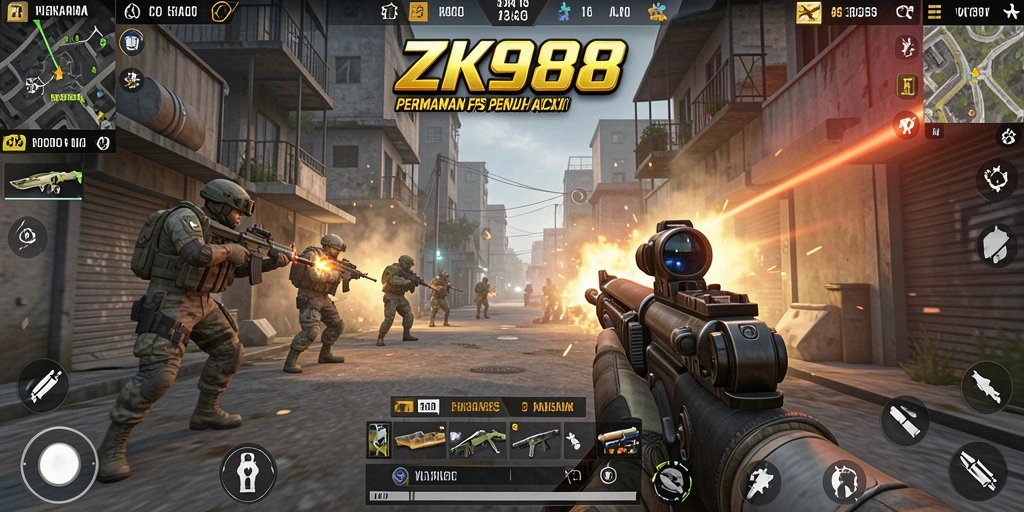 Tampilan permainan ZK988 dengan aksi menembak yang intens.